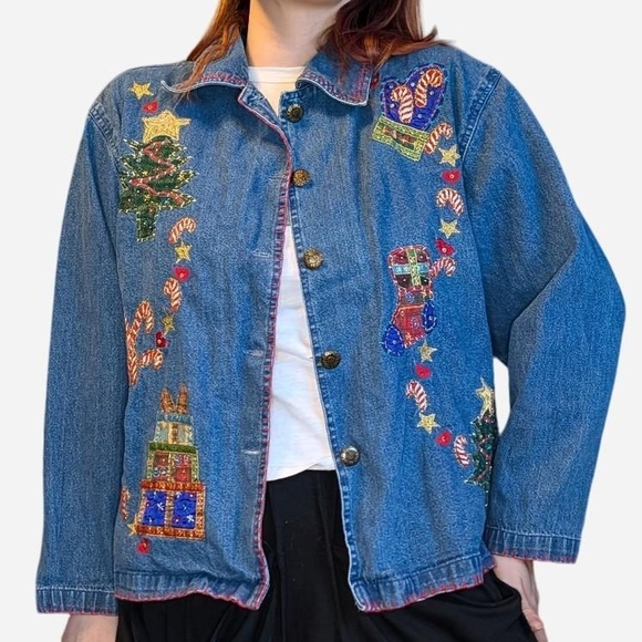 New Directions Christmas Embroidered Jean Jacket - Picture 2 of 4